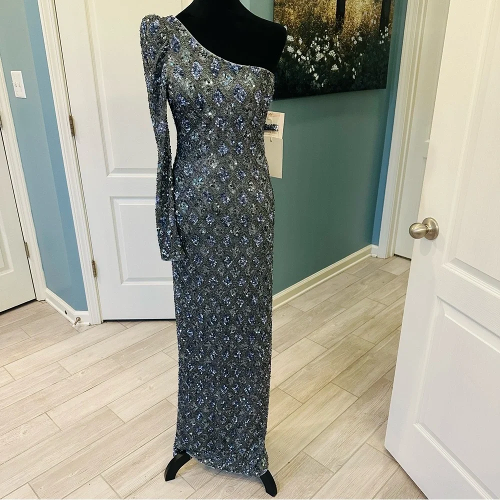 NWT Mac Duggal Sz 6 5479 Embellished One Shoulder Asymmetrical Gown Slate $798 - Picture 7 of 17